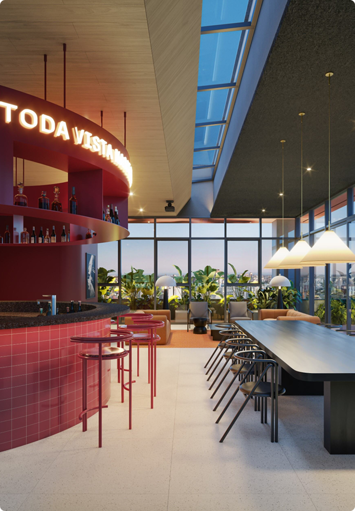 Área comum Fresta — lounge com bar e zona de convívio